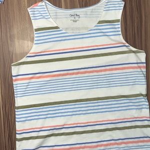 Coral Bay, white tank top with olive green pink light blue and blue stripes.